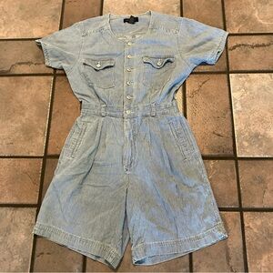 Vintage Gloria Vanderbilt Denim Romper S Blue Striped Buttons Pockets Elastic